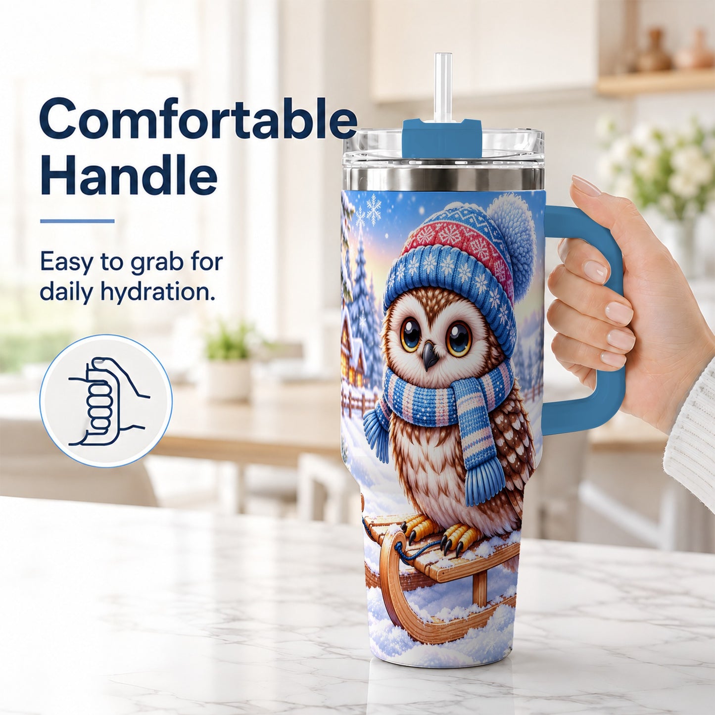 #pl[40oz|Blue] Winter Owl 40oz Tumbler with Handle, Cozy Sled Stainless Steel Cup