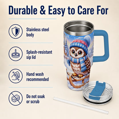 #pl[40oz|Blue] Winter Owl 40oz Tumbler with Handle, Cozy Sled Stainless Steel Cup