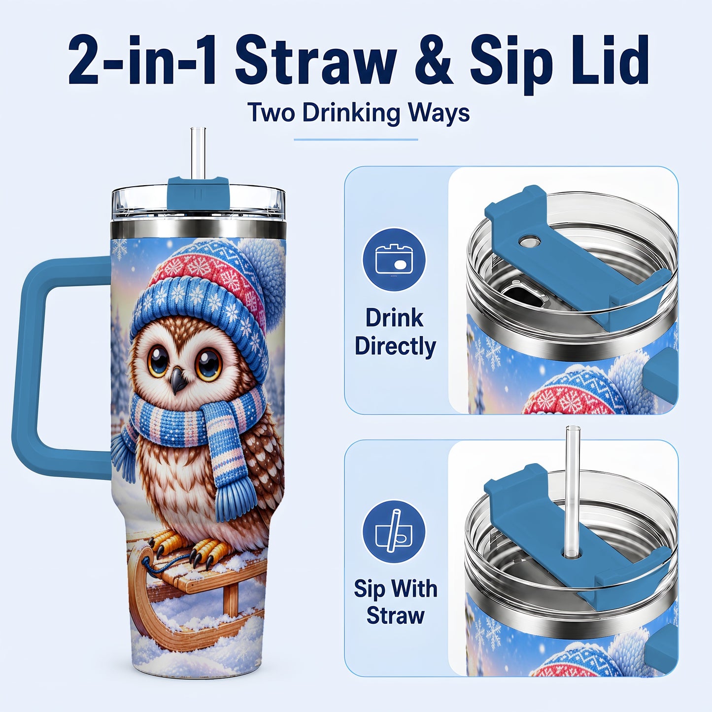 #pl[40oz|Blue] Winter Owl 40oz Tumbler with Handle, Cozy Sled Stainless Steel Cup