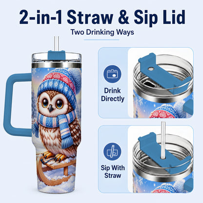 #pl[40oz|Blue] Winter Owl 40oz Tumbler with Handle, Cozy Sled Stainless Steel Cup
