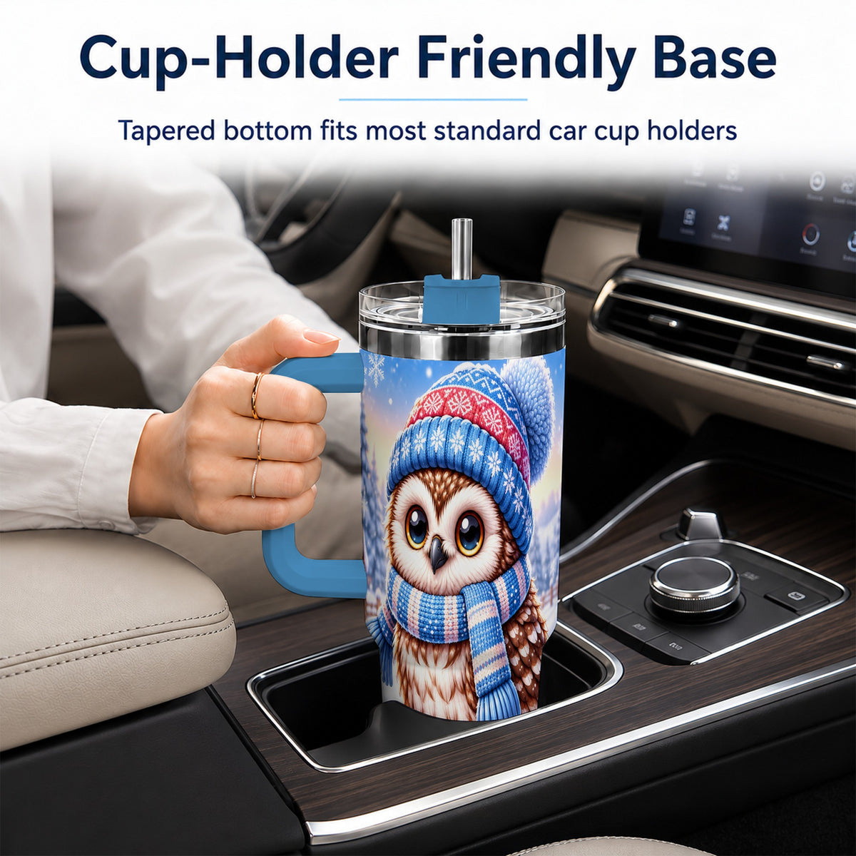 #pl[40oz|Blue] Winter Owl 40oz Tumbler with Handle, Cozy Sled Stainless Steel Cup