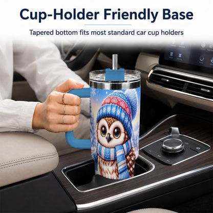 #pl[40oz|Blue] Winter Owl 40oz Tumbler with Handle, Cozy Sled Stainless Steel Cup