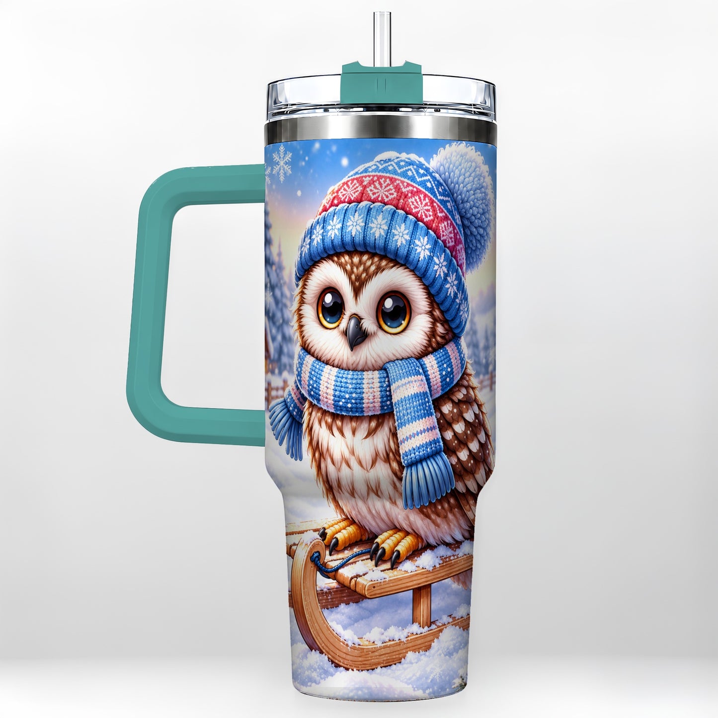 #pl[40oz|Green] Winter Owl 40oz Tumbler with Handle, Cozy Sled Stainless Steel Cup