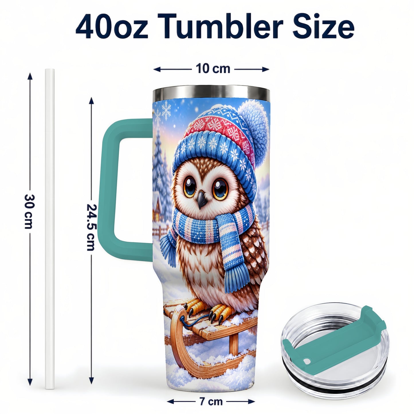 #pl[40oz|Green] Winter Owl 40oz Tumbler with Handle, Cozy Sled Stainless Steel Cup