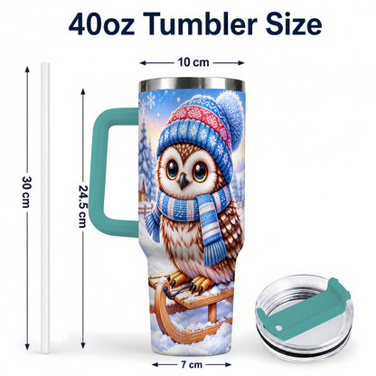 #pl[40oz|Green] Winter Owl 40oz Tumbler with Handle, Cozy Sled Stainless Steel Cup