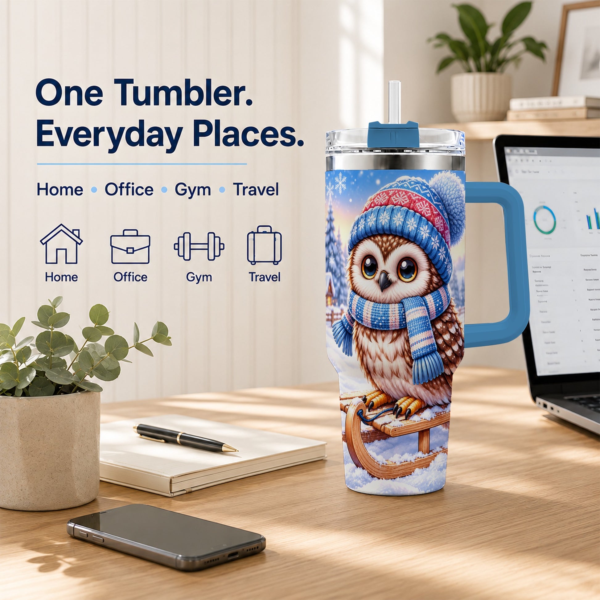 #pl[40oz|Blue] Winter Owl 40oz Tumbler with Handle, Cozy Sled Stainless Steel Cup