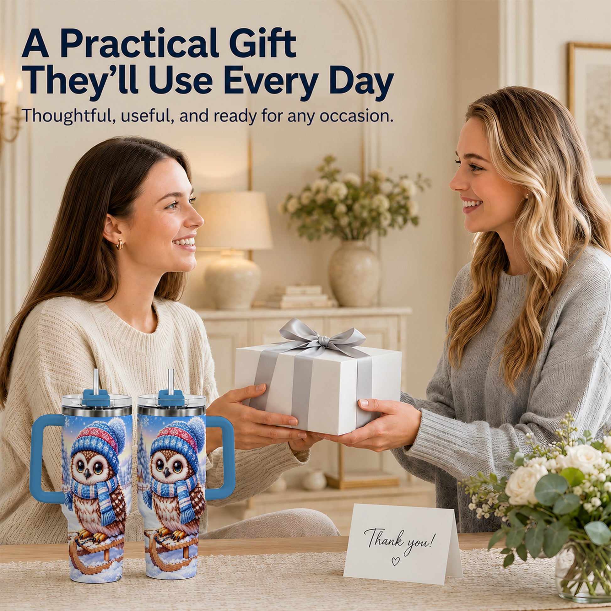#pl[40oz|Blue] Winter Owl 40oz Tumbler with Handle, Cozy Sled Stainless Steel Cup