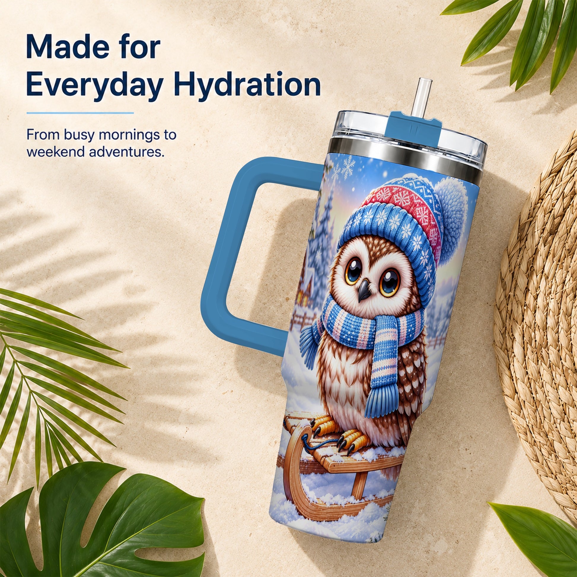 #pl[40oz|Blue] Winter Owl 40oz Tumbler with Handle, Cozy Sled Stainless Steel Cup