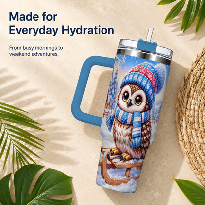 #pl[40oz|Blue] Winter Owl 40oz Tumbler with Handle, Cozy Sled Stainless Steel Cup
