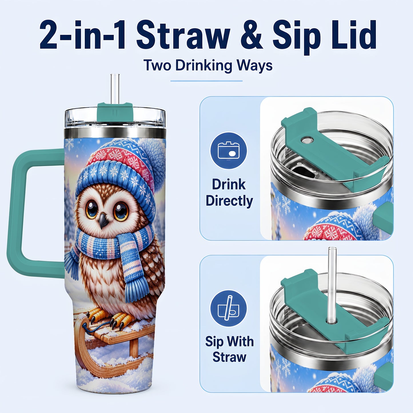 #pl[40oz|Green] Winter Owl 40oz Tumbler with Handle, Cozy Sled Stainless Steel Cup