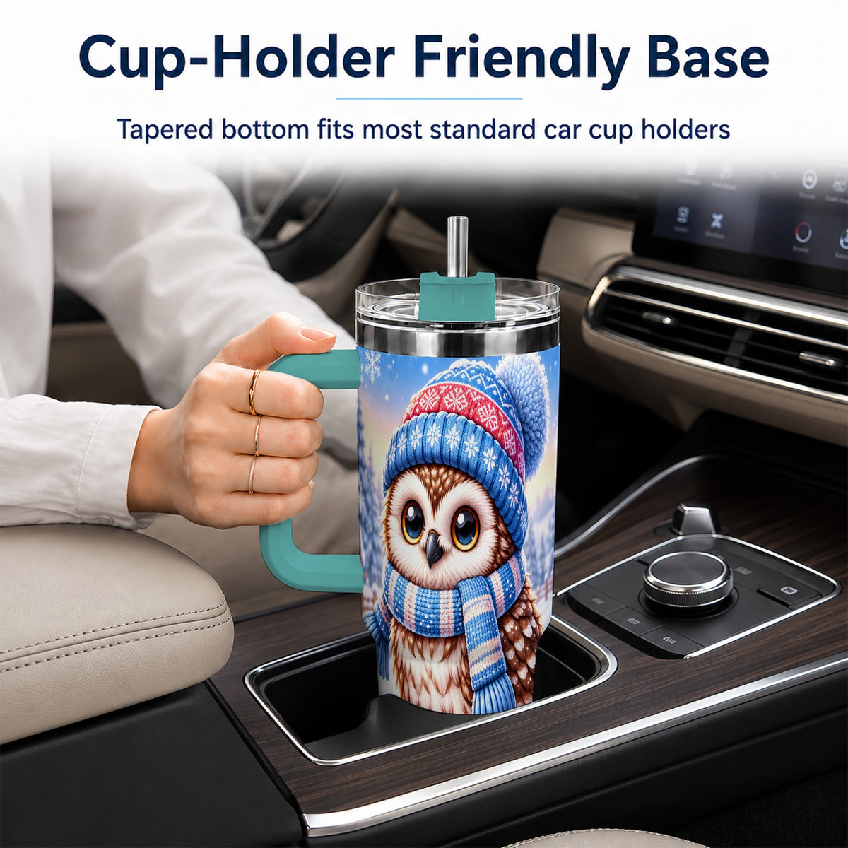 #pl[40oz|Green] Winter Owl 40oz Tumbler with Handle, Cozy Sled Stainless Steel Cup