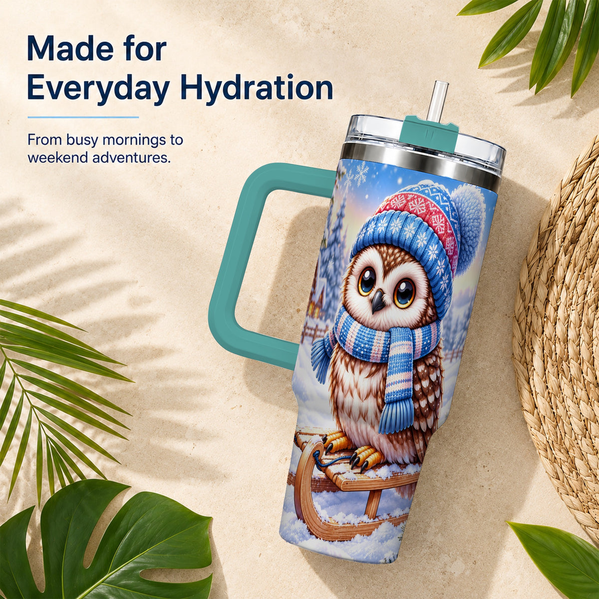 #pl[40oz|Green] Winter Owl 40oz Tumbler with Handle, Cozy Sled Stainless Steel Cup