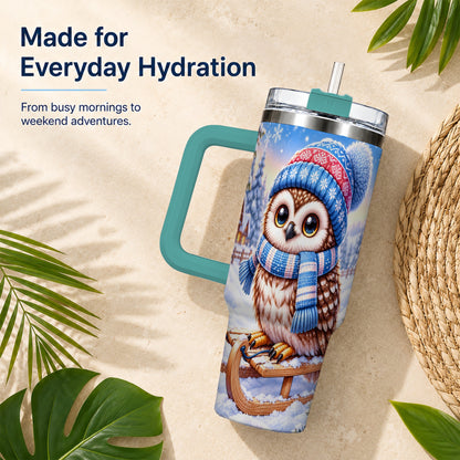 #pl[40oz|Green] Winter Owl 40oz Tumbler with Handle, Cozy Sled Stainless Steel Cup
