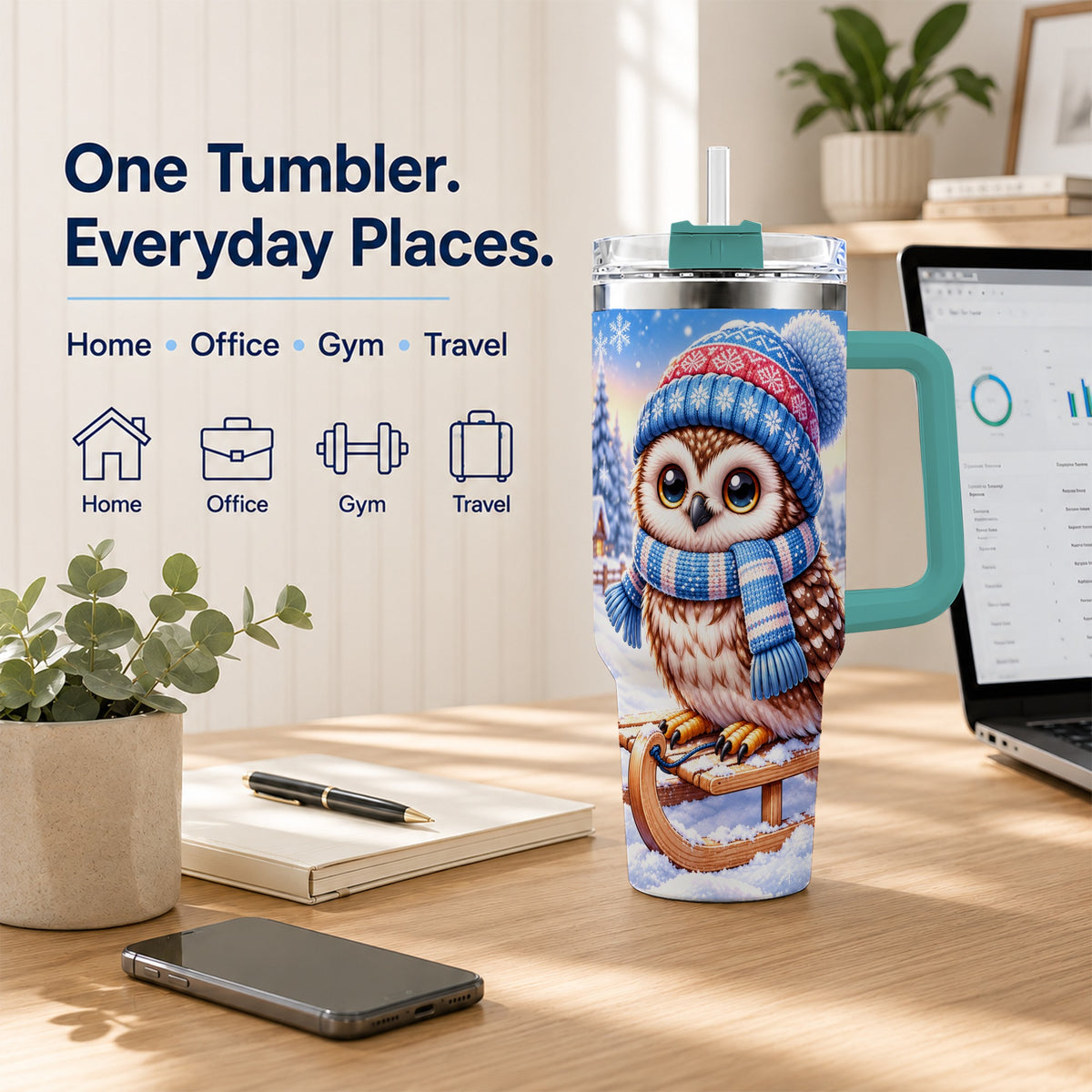 #pl[40oz|Green] Winter Owl 40oz Tumbler with Handle, Cozy Sled Stainless Steel Cup
