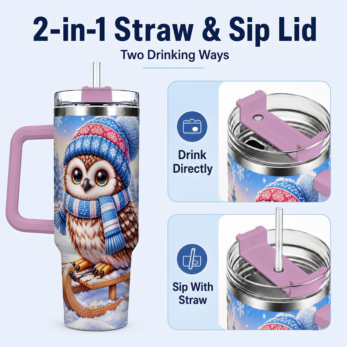 #pl[40oz|Pink] Winter Owl 40oz Tumbler with Handle, Cozy Sled Stainless Steel Cup