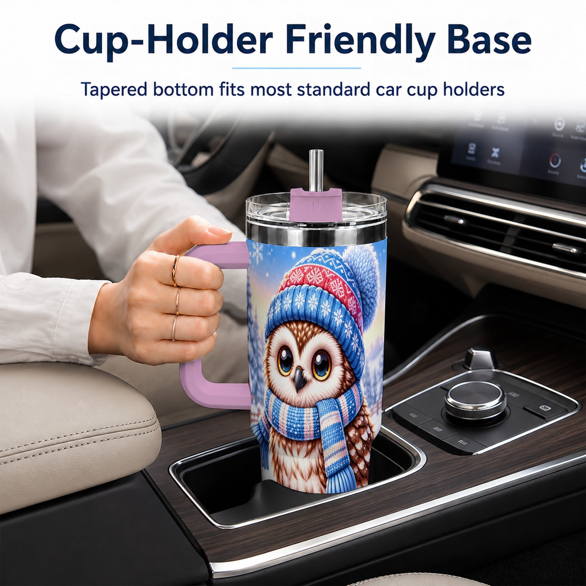 #pl[40oz|Pink] Winter Owl 40oz Tumbler with Handle, Cozy Sled Stainless Steel Cup