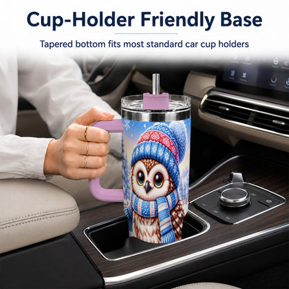 #pl[40oz|Pink] Winter Owl 40oz Tumbler with Handle, Cozy Sled Stainless Steel Cup