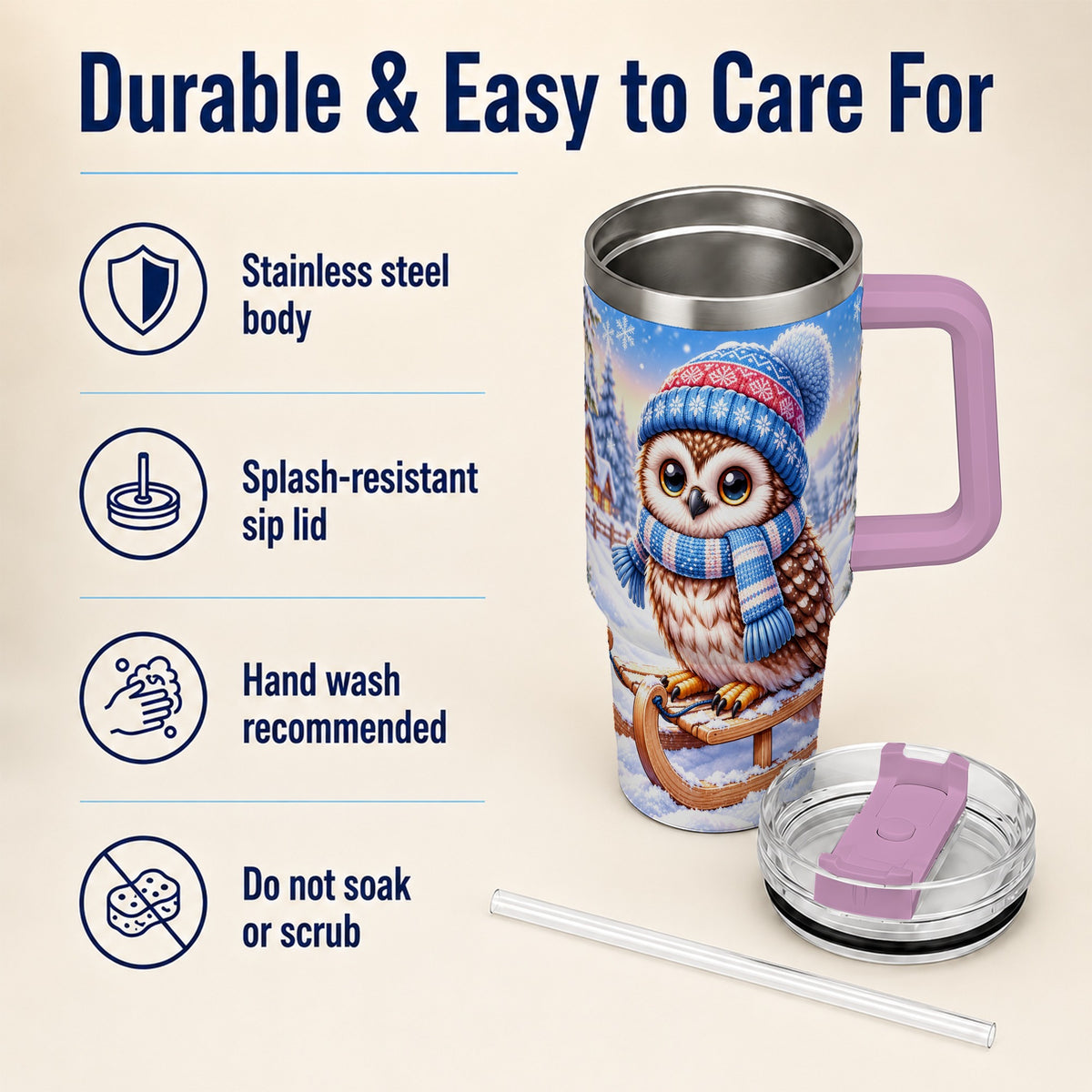 #pl[40oz|Pink] Winter Owl 40oz Tumbler with Handle, Cozy Sled Stainless Steel Cup