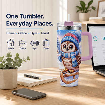 #pl[40oz|Pink] Winter Owl 40oz Tumbler with Handle, Cozy Sled Stainless Steel Cup