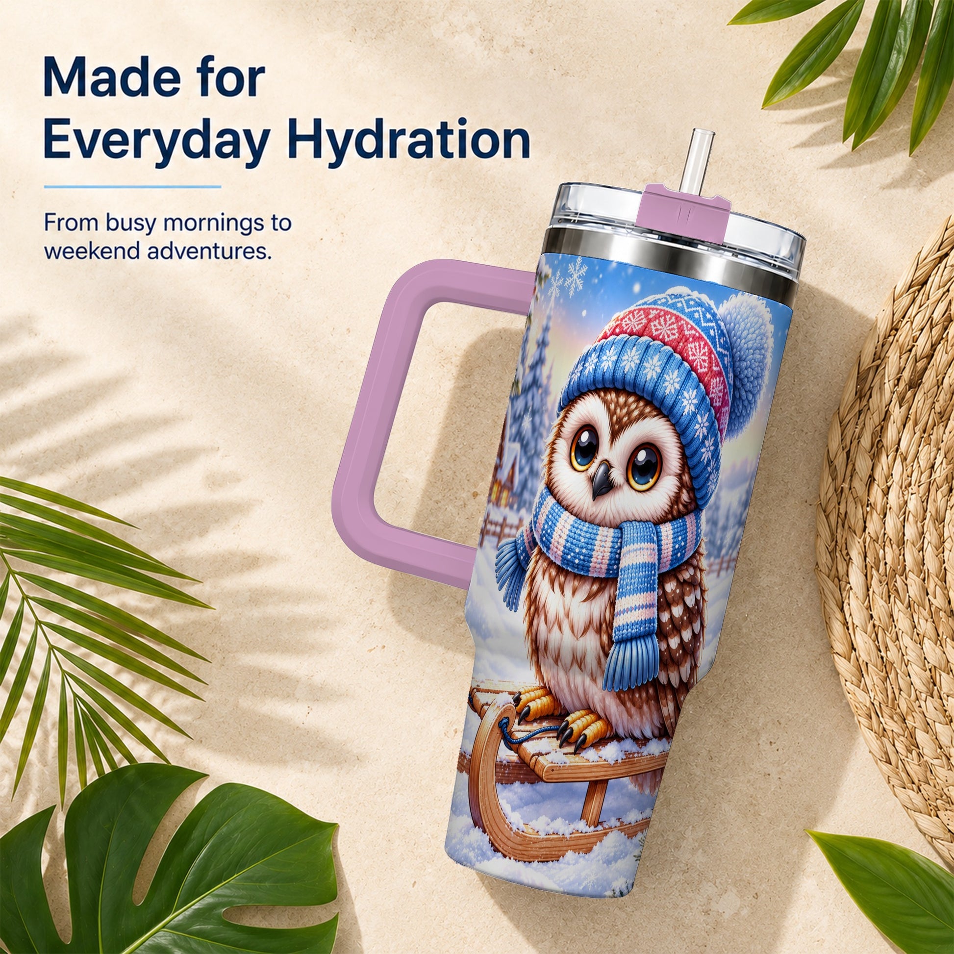 #pl[40oz|Pink] Winter Owl 40oz Tumbler with Handle, Cozy Sled Stainless Steel Cup