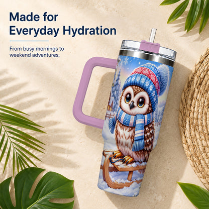#pl[40oz|Pink] Winter Owl 40oz Tumbler with Handle, Cozy Sled Stainless Steel Cup