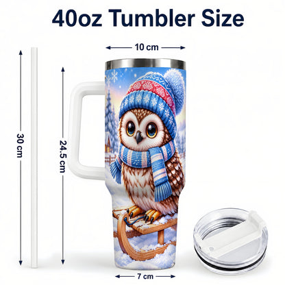 #pl[40oz|White] Winter Owl 40oz Tumbler with Handle, Cozy Sled Stainless Steel Cup