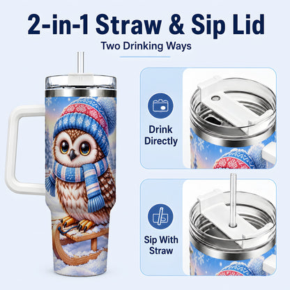 #pl[40oz|White] Winter Owl 40oz Tumbler with Handle, Cozy Sled Stainless Steel Cup