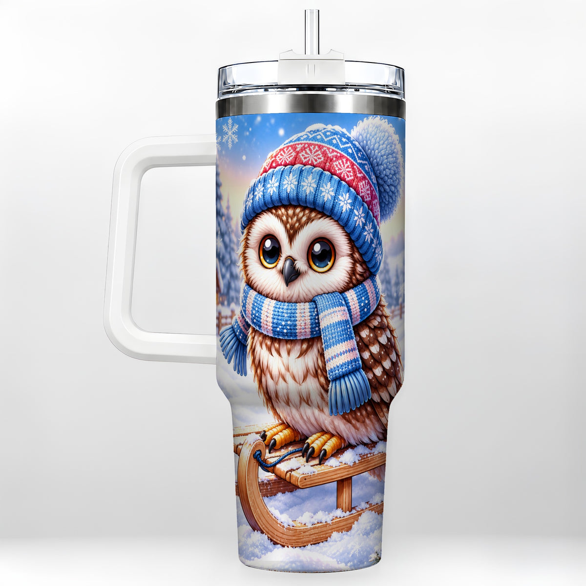 Winter Owl 40oz Tumbler with Handle, Cozy Sled Stainless Steel Cup
