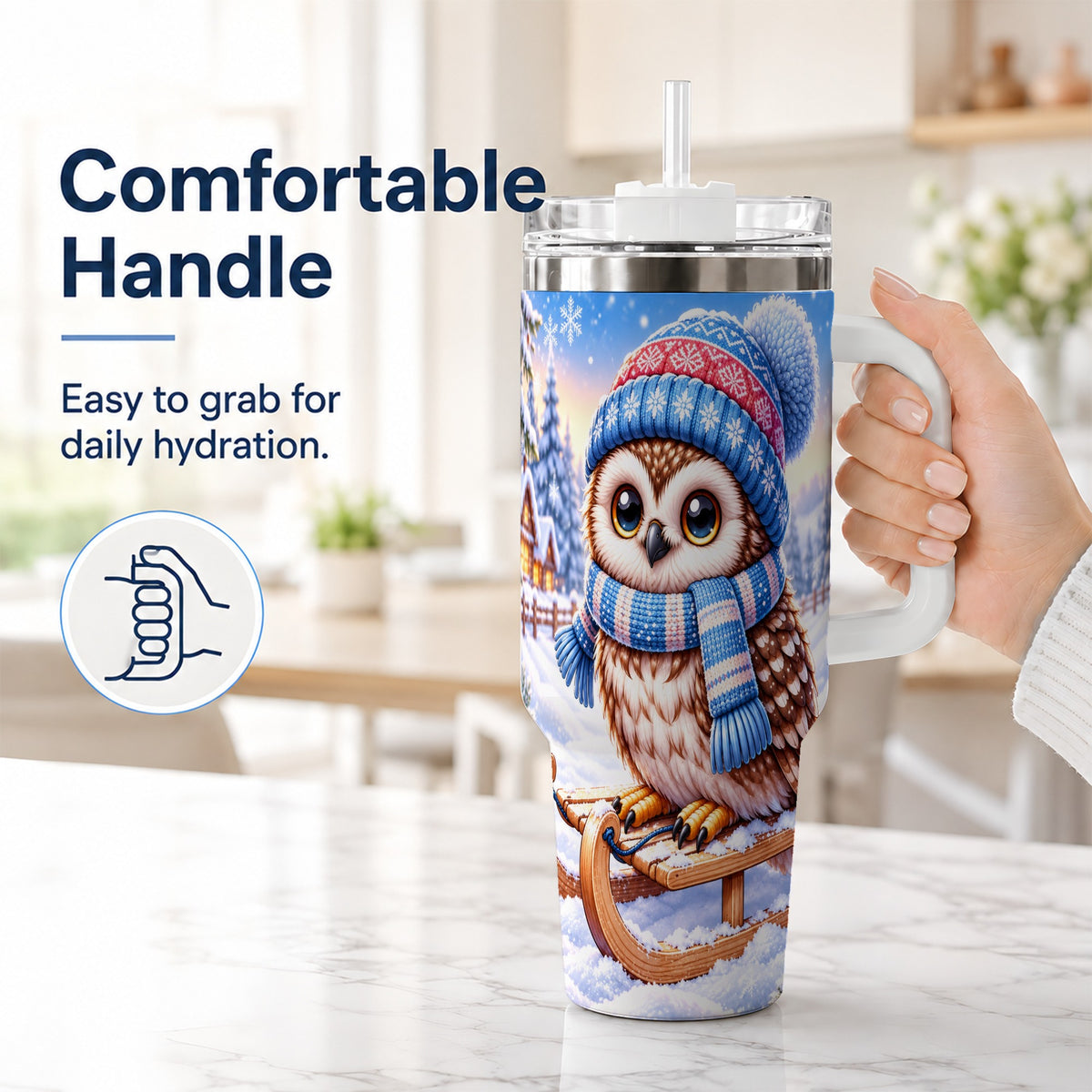 #pl[40oz|White] Winter Owl 40oz Tumbler with Handle, Cozy Sled Stainless Steel Cup