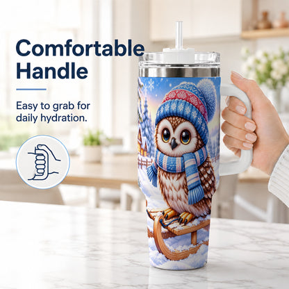 #pl[40oz|White] Winter Owl 40oz Tumbler with Handle, Cozy Sled Stainless Steel Cup