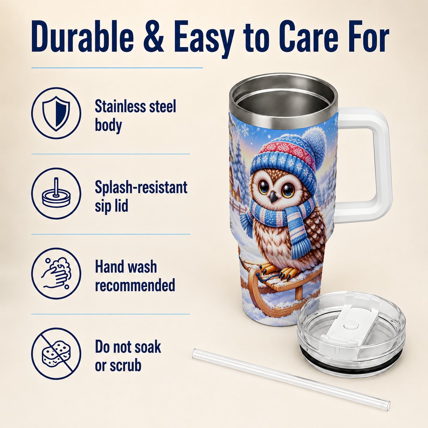 #pl[40oz|White] Winter Owl 40oz Tumbler with Handle, Cozy Sled Stainless Steel Cup