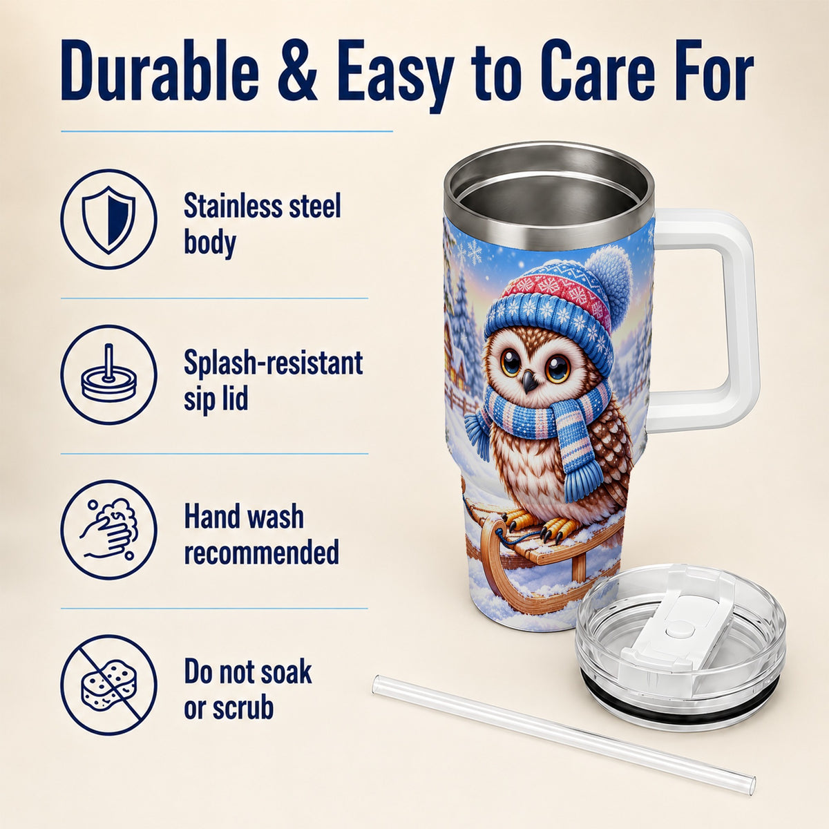 #pl[40oz|White] Winter Owl 40oz Tumbler with Handle, Cozy Sled Stainless Steel Cup