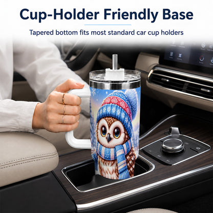 #pl[40oz|White] Winter Owl 40oz Tumbler with Handle, Cozy Sled Stainless Steel Cup