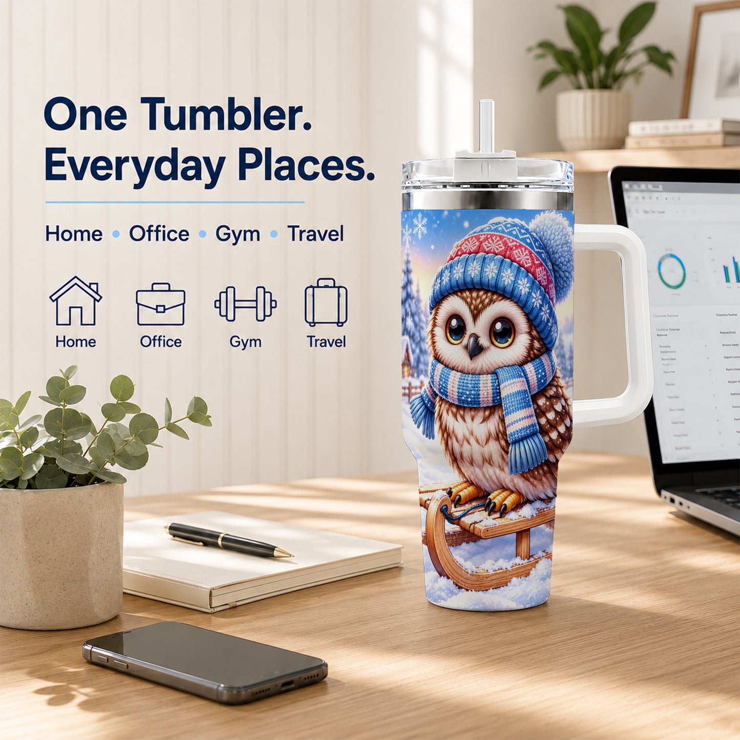 #pl[40oz|White] Winter Owl 40oz Tumbler with Handle, Cozy Sled Stainless Steel Cup