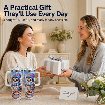 #pl[40oz|White] Winter Owl 40oz Tumbler with Handle, Cozy Sled Stainless Steel Cup