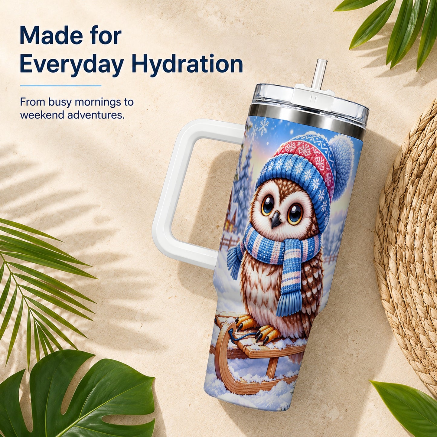 #pl[40oz|White] Winter Owl 40oz Tumbler with Handle, Cozy Sled Stainless Steel Cup