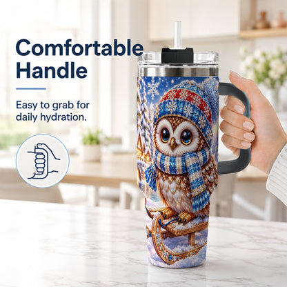#pl[40oz|Black] Ornate Owl 40oz Tumbler with Handle, Winter Stainless Steel Cup
