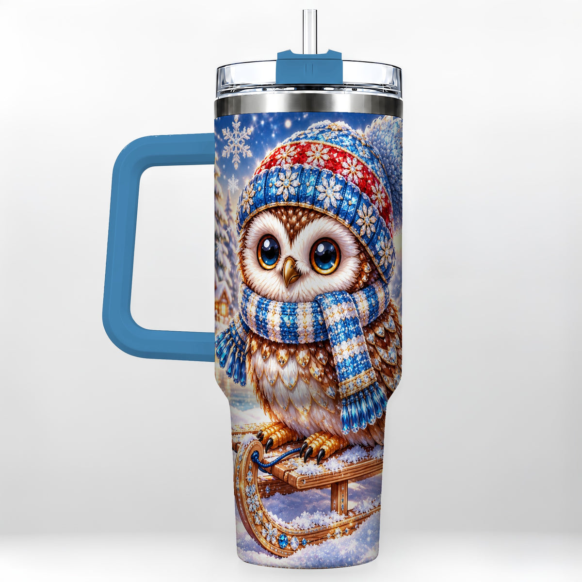 #pl[40oz|Blue] Ornate Owl 40oz Tumbler with Handle, Winter Stainless Steel Cup