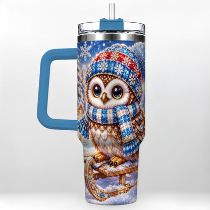 #pl[40oz|Blue] Ornate Owl 40oz Tumbler with Handle, Winter Stainless Steel Cup