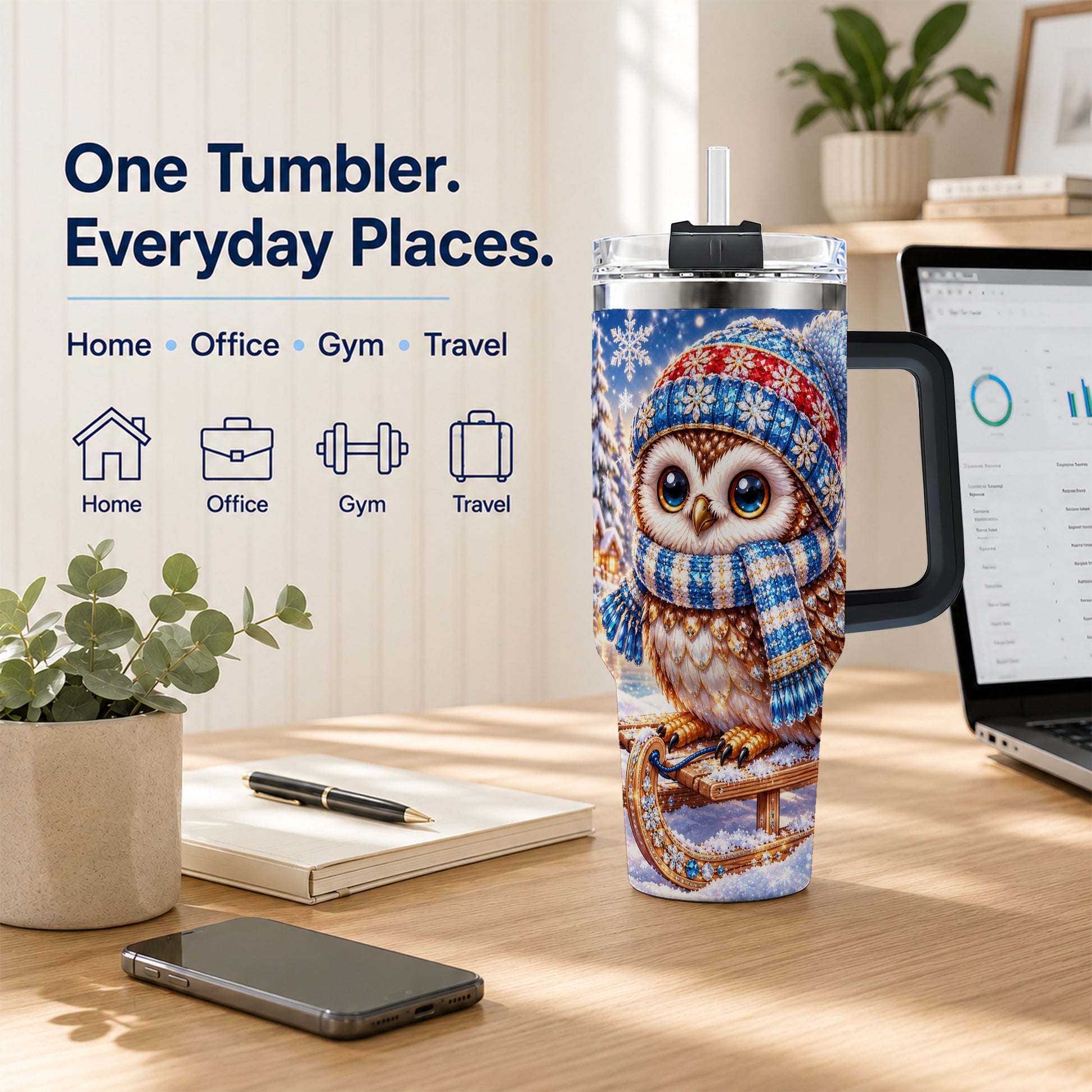 #pl[40oz|Black] Ornate Owl 40oz Tumbler with Handle, Winter Stainless Steel Cup