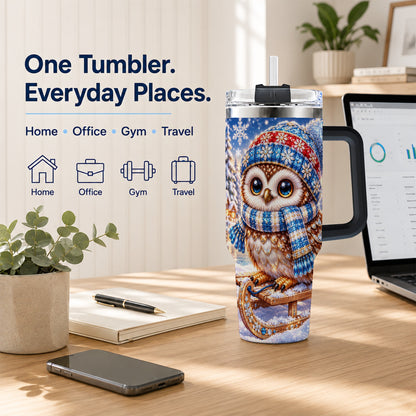 #pl[40oz|Black] Ornate Owl 40oz Tumbler with Handle, Winter Stainless Steel Cup