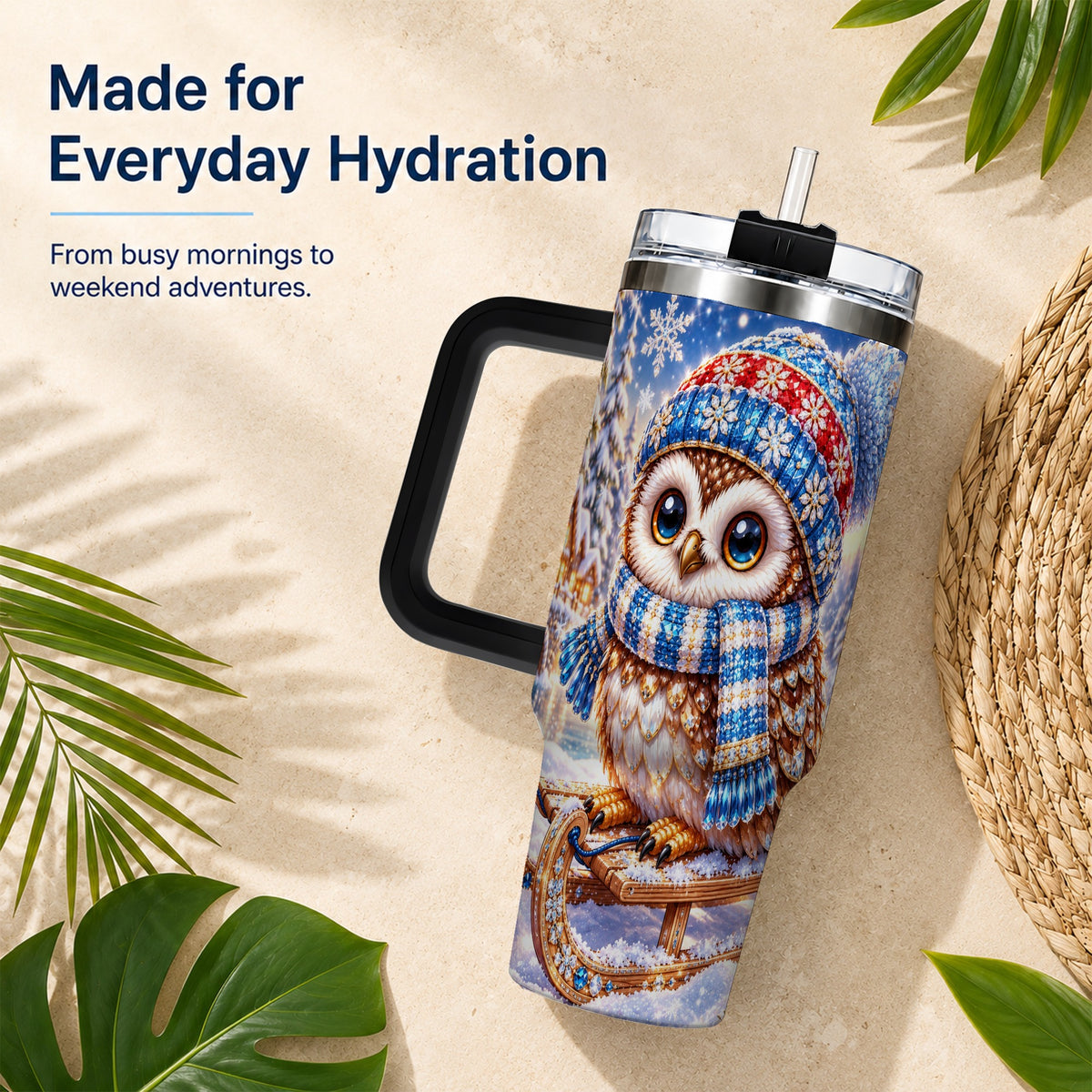 #pl[40oz|Black] Ornate Owl 40oz Tumbler with Handle, Winter Stainless Steel Cup