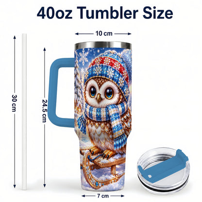 #pl[40oz|Blue] Ornate Owl 40oz Tumbler with Handle, Winter Stainless Steel Cup