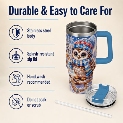 #pl[40oz|Blue] Ornate Owl 40oz Tumbler with Handle, Winter Stainless Steel Cup