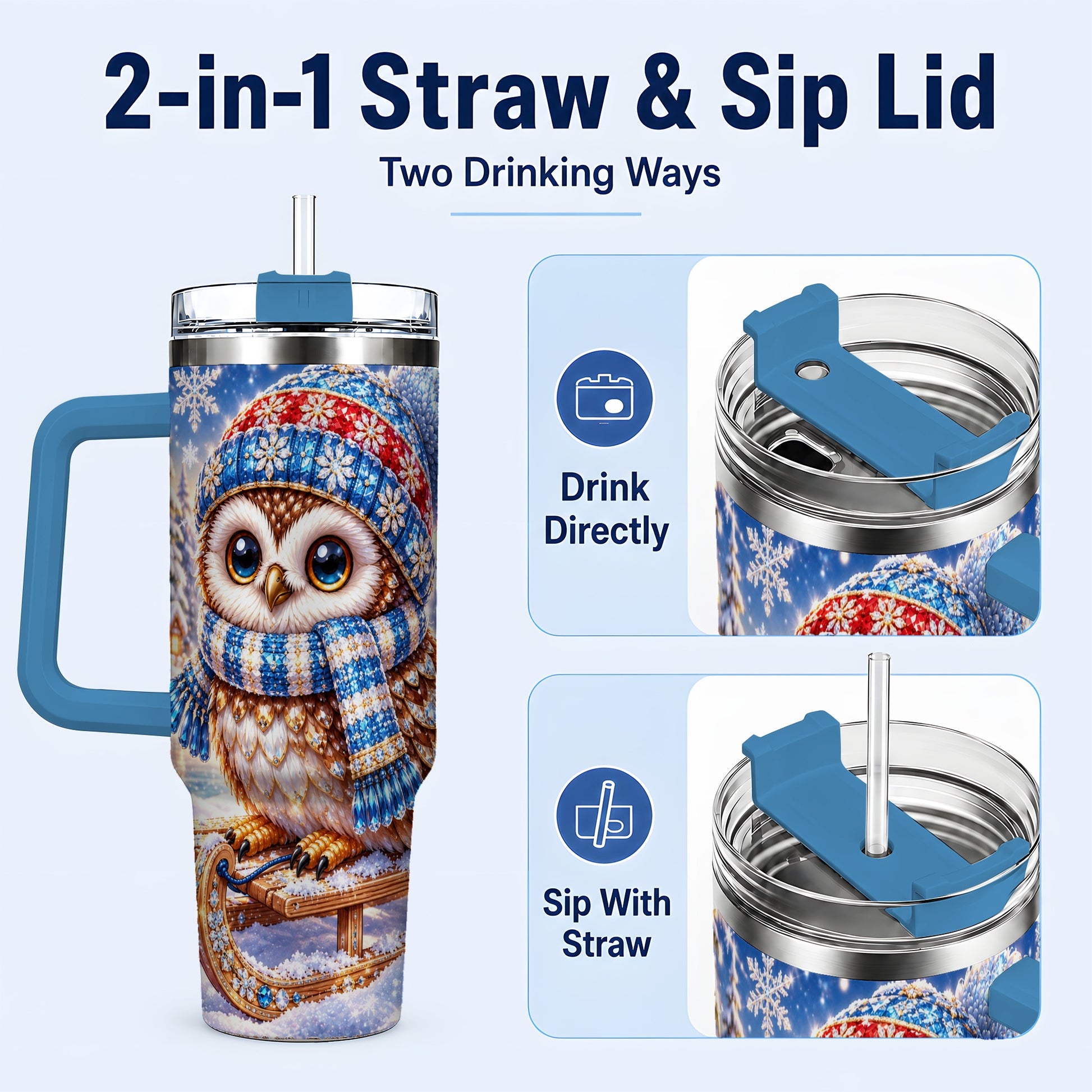 #pl[40oz|Blue] Ornate Owl 40oz Tumbler with Handle, Winter Stainless Steel Cup