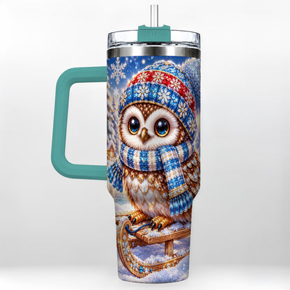 #pl[40oz|Green] Ornate Owl 40oz Tumbler with Handle, Winter Stainless Steel Cup