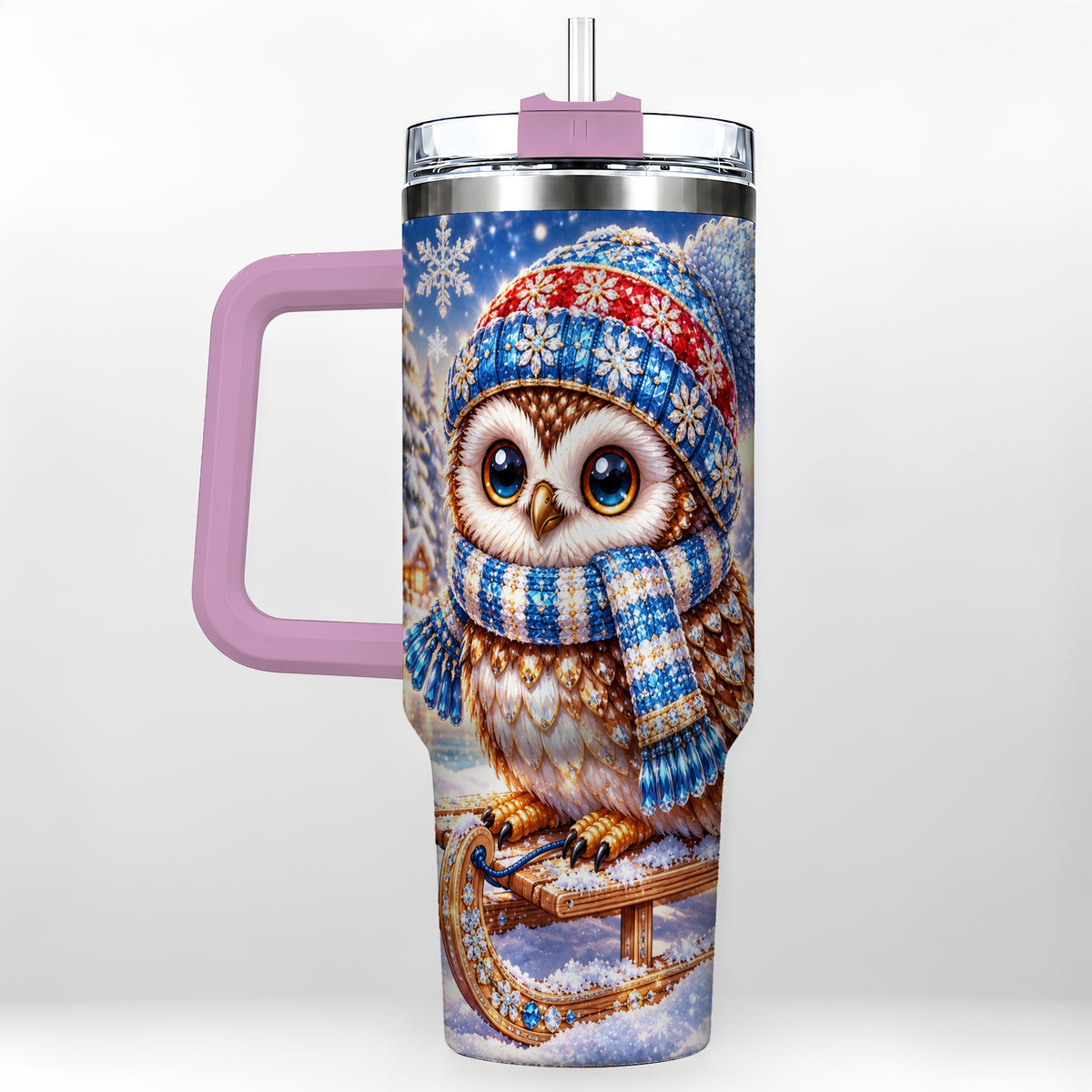 #pl[40oz|Pink] Ornate Owl 40oz Tumbler with Handle, Winter Stainless Steel Cup