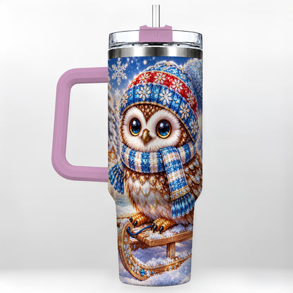 #pl[40oz|Pink] Ornate Owl 40oz Tumbler with Handle, Winter Stainless Steel Cup