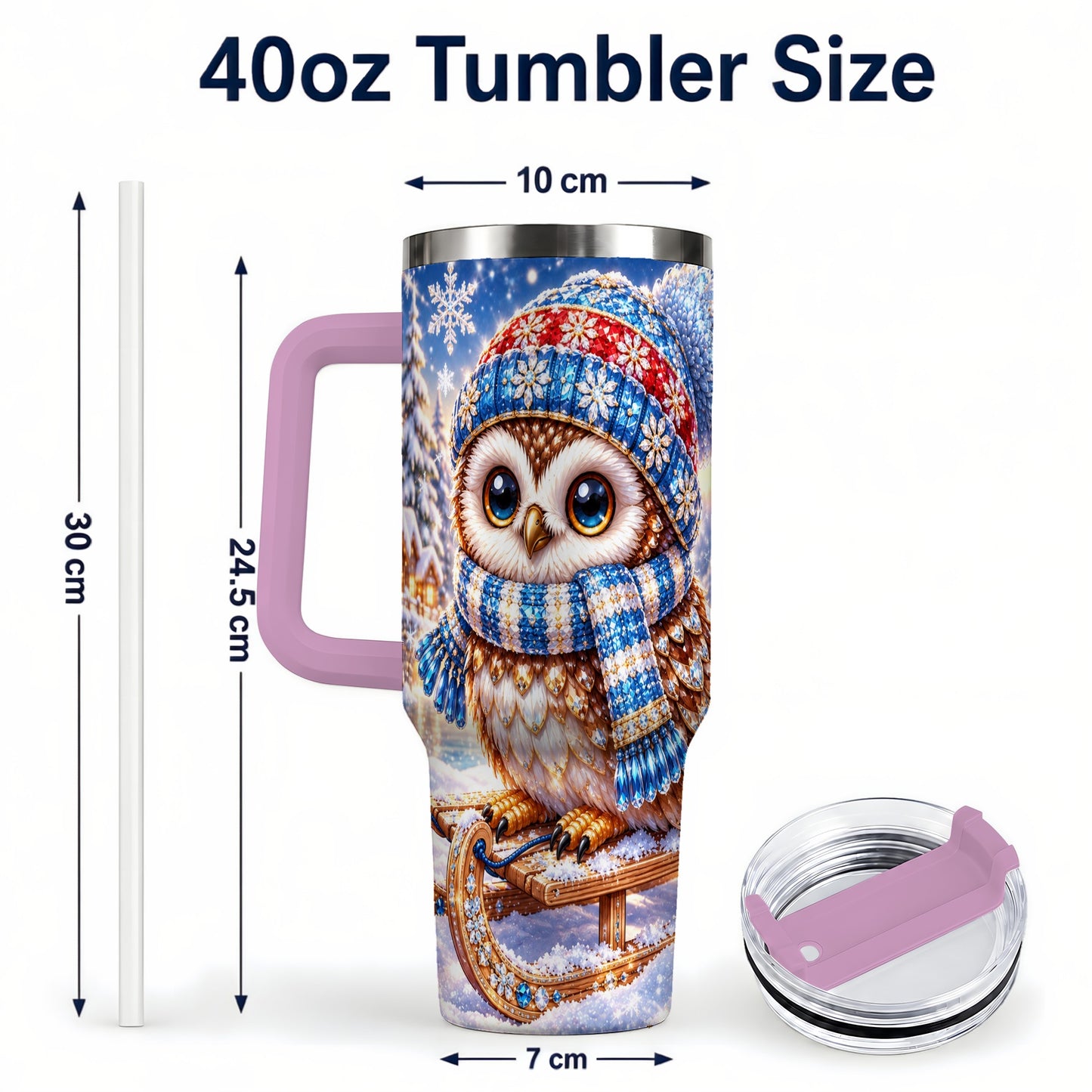 #pl[40oz|Pink] Ornate Owl 40oz Tumbler with Handle, Winter Stainless Steel Cup