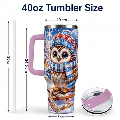 #pl[40oz|Pink] Ornate Owl 40oz Tumbler with Handle, Winter Stainless Steel Cup